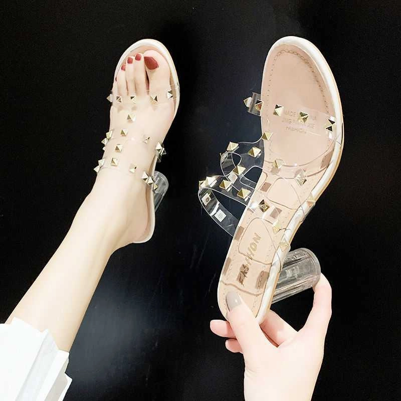 Aqua Swoosh Sandals Rivet Transparent High-heeled Sandals Women Thick Heel Sandals Women