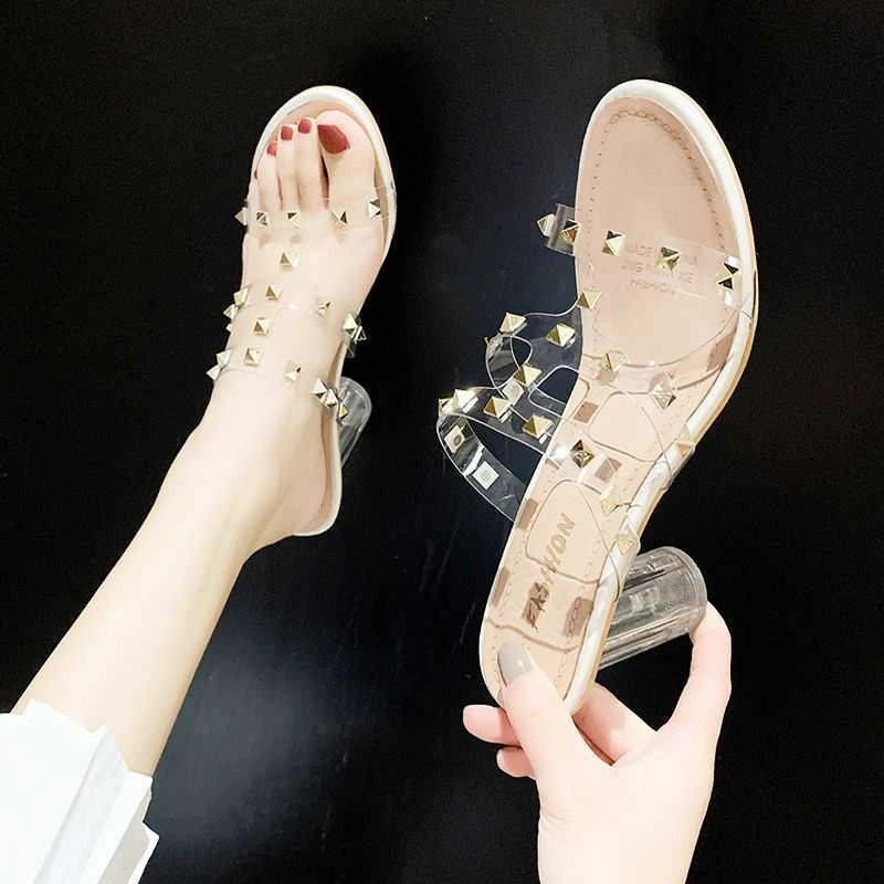 Rivet Transparent High-heeled Sandals Women Thick Heel Sandals Women Strap Sandals Flat