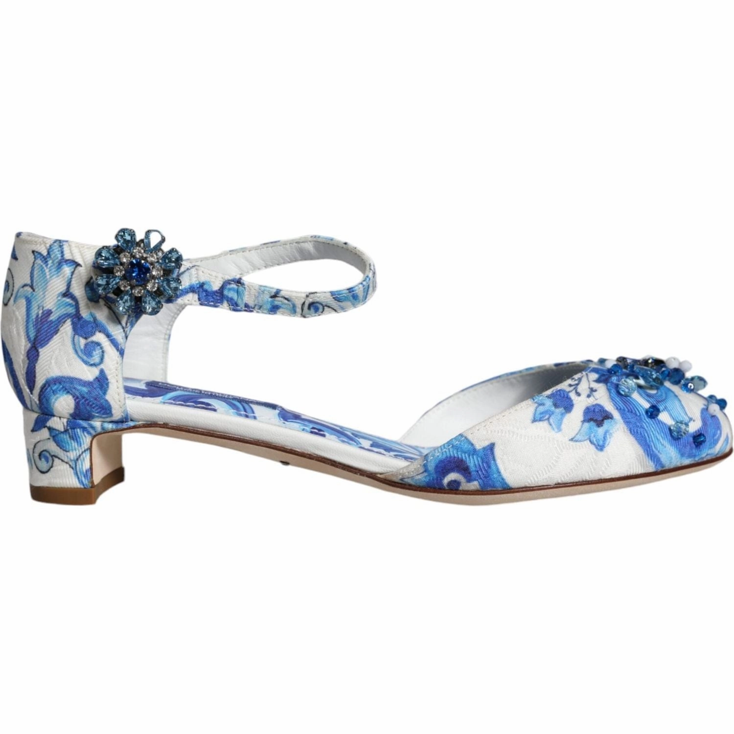 Dolce & Gabbana White Blue Majolica Print Ankle Strap Sandals Shoes Sandals Birkenstocks