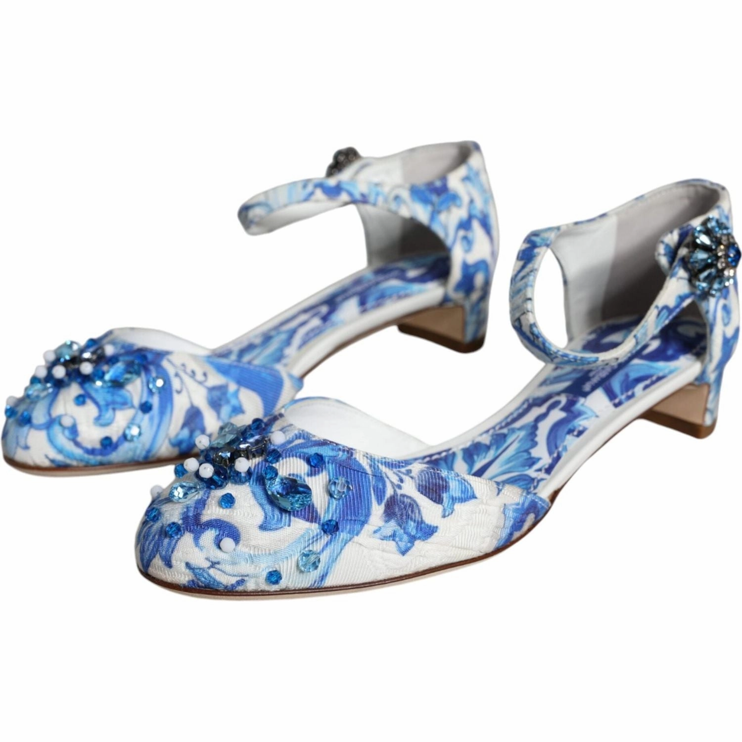 Sandals Travel Agent Dolce & Gabbana White Blue Majolica Print Ankle Strap Sandals Shoes