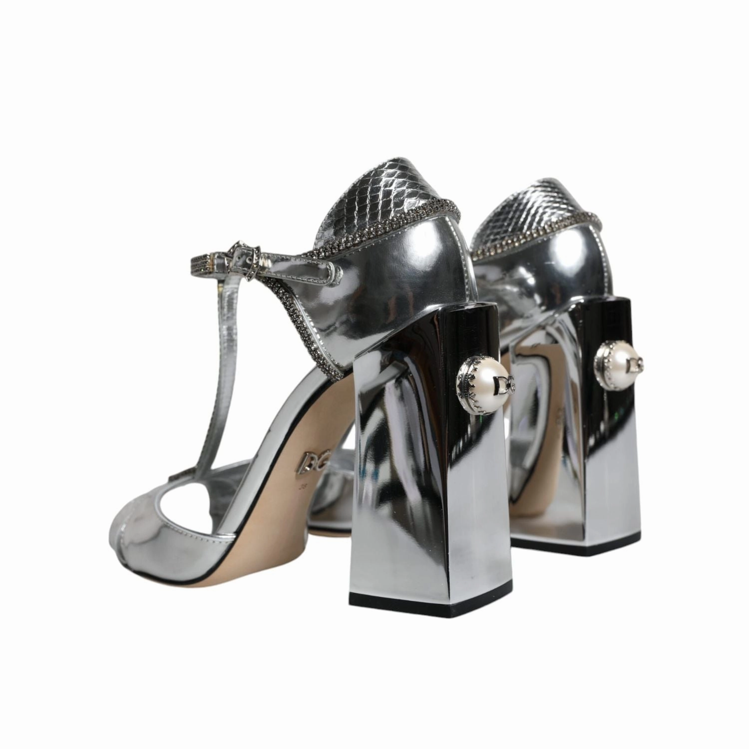 Dolce & Gabbana Silver Leather T-strap Heels Sandals Shoes Barefoot Shoes Sandals