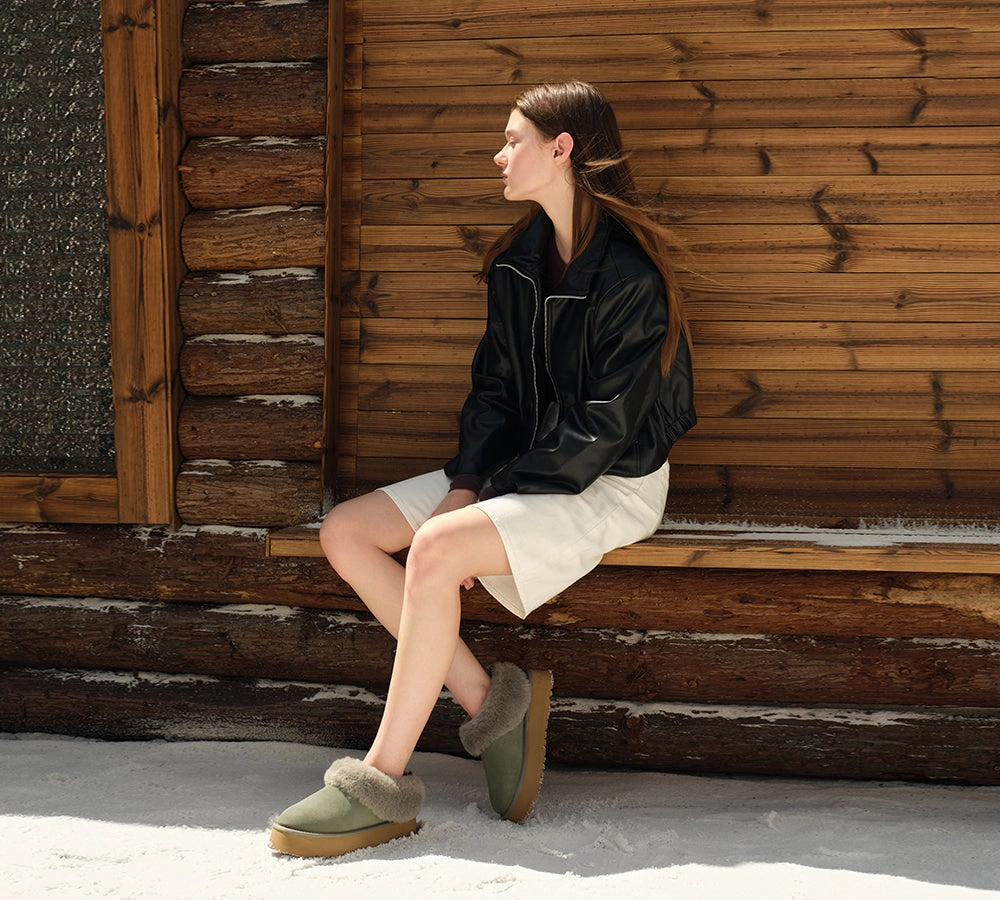 Fluffy Back Strap Slippers AUSTRALIAN SHEPHERD UGG Slippers Sheepskin Wool Collar Ankle Platform Glacial