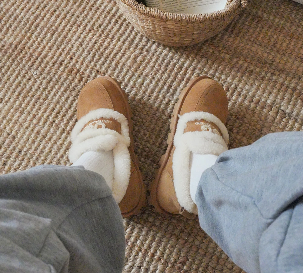 AUSTRALIAN SHEPHERD UGG Slippers Women Sheepskin Wool Ankle Rilee Loafers Big Slippers