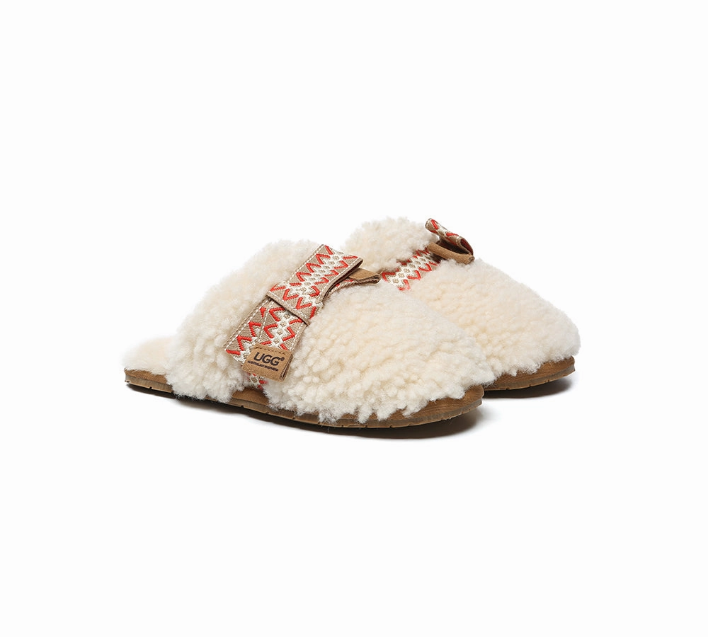 Wooden Slippers AUSTRALIAN SHEPHERD UGG Slippers Women Sheepskin Wool Bow Cecil