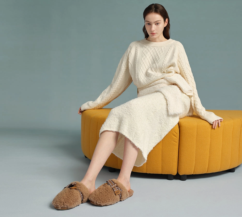 Slides With Cushion AUSTRALIAN SHEPHERD UGG Slippers Women Sheepskin Wool Bow Cecil