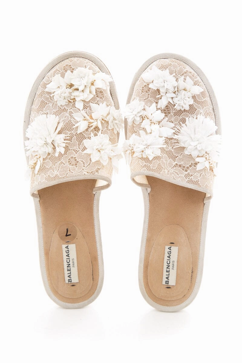 Slippers For Bathing Balenciaga Sheer Floral Lace White Slipper SZ 37