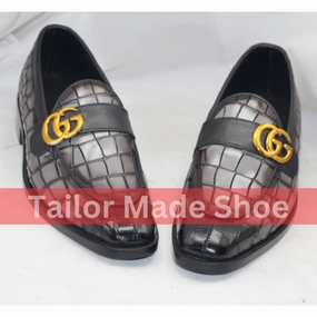 Frye Loafers Bespoke Black & Gray Loafers with Gold Detail Tailor Made Handmade Leather Loafers - Luxury Footwear for Men- Premium Wedding & Formal Footwear