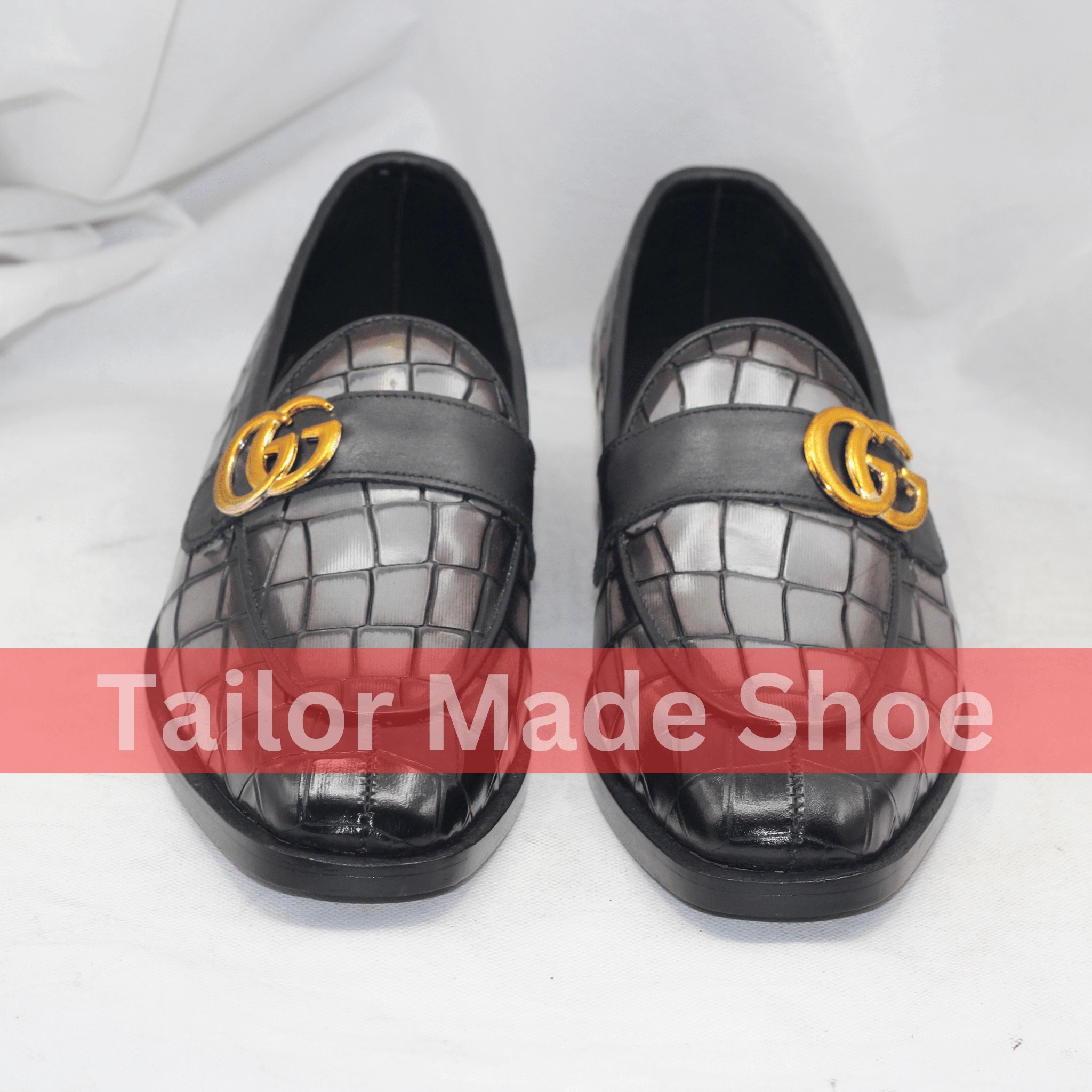 Loafers Heeled Bespoke Black & Gray Loafers with Gold Detail Tailor Made Handmade Leather Loafers - Luxury Footwear for Men- Premium Wedding & Formal Footwear