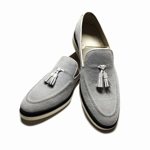Bespoke Shoes, Handmade Shoes, Custom Made Shoes, Goodyear Welted Handstiched Gray Suede Loafers Slip On Moccasins Women's and Men's Dress Shoes Designer Platform Loafers
