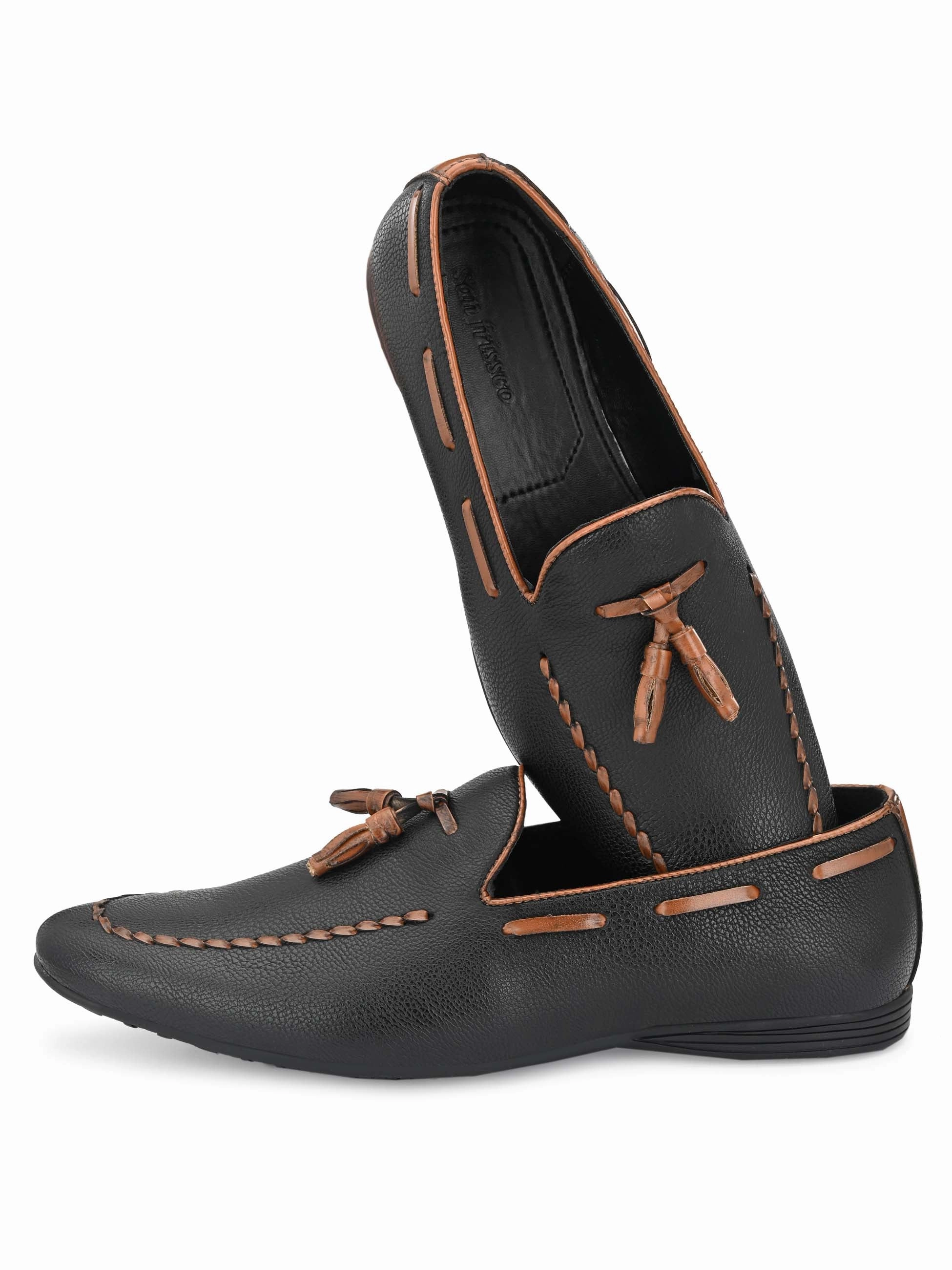 Black Loafers with Contrast Tassels Leather Slip On Loafers