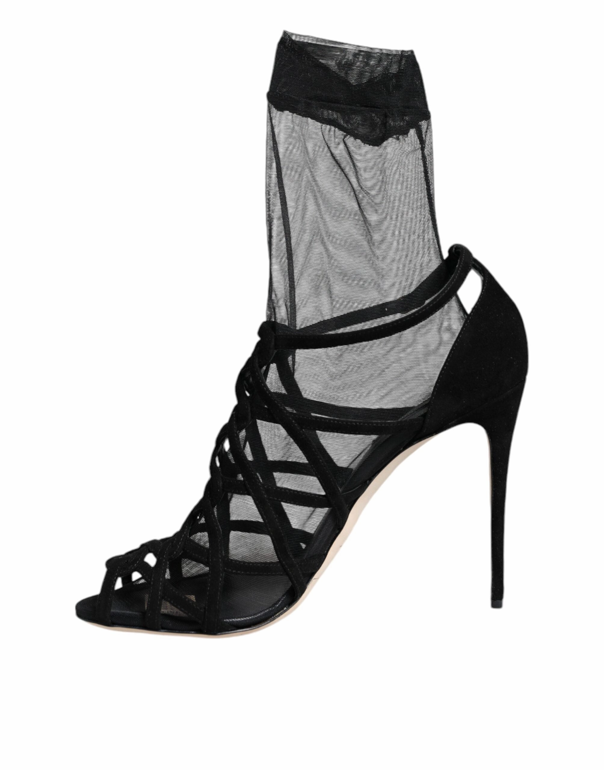 Lace Up High Heel Sandals Black Tulle Stretch Heels Sandals Shoes