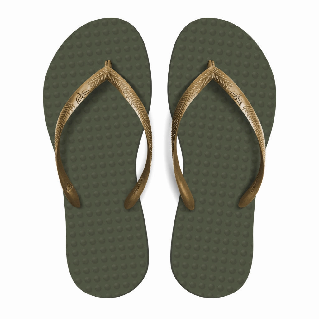 Born Flip Flops With Flower Women's Sustainable Flip Flops Military Green with Golden Straps
