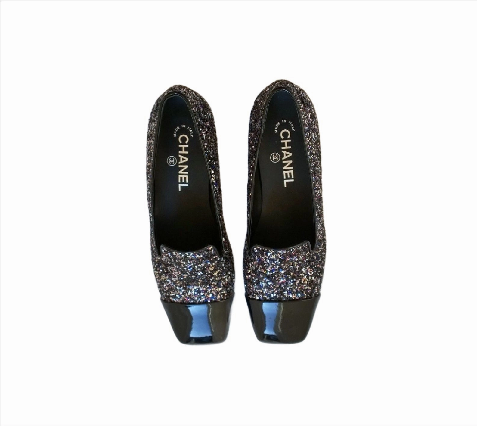Chanel Glitter Loafers CC Flat Shoes Black Patent Cap Toe New Alden Loafers