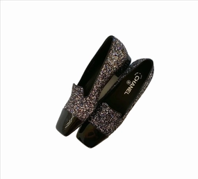 Chanel Glitter Loafers CC Flat Shoes Black Patent Cap Toe New Ash Loafers
