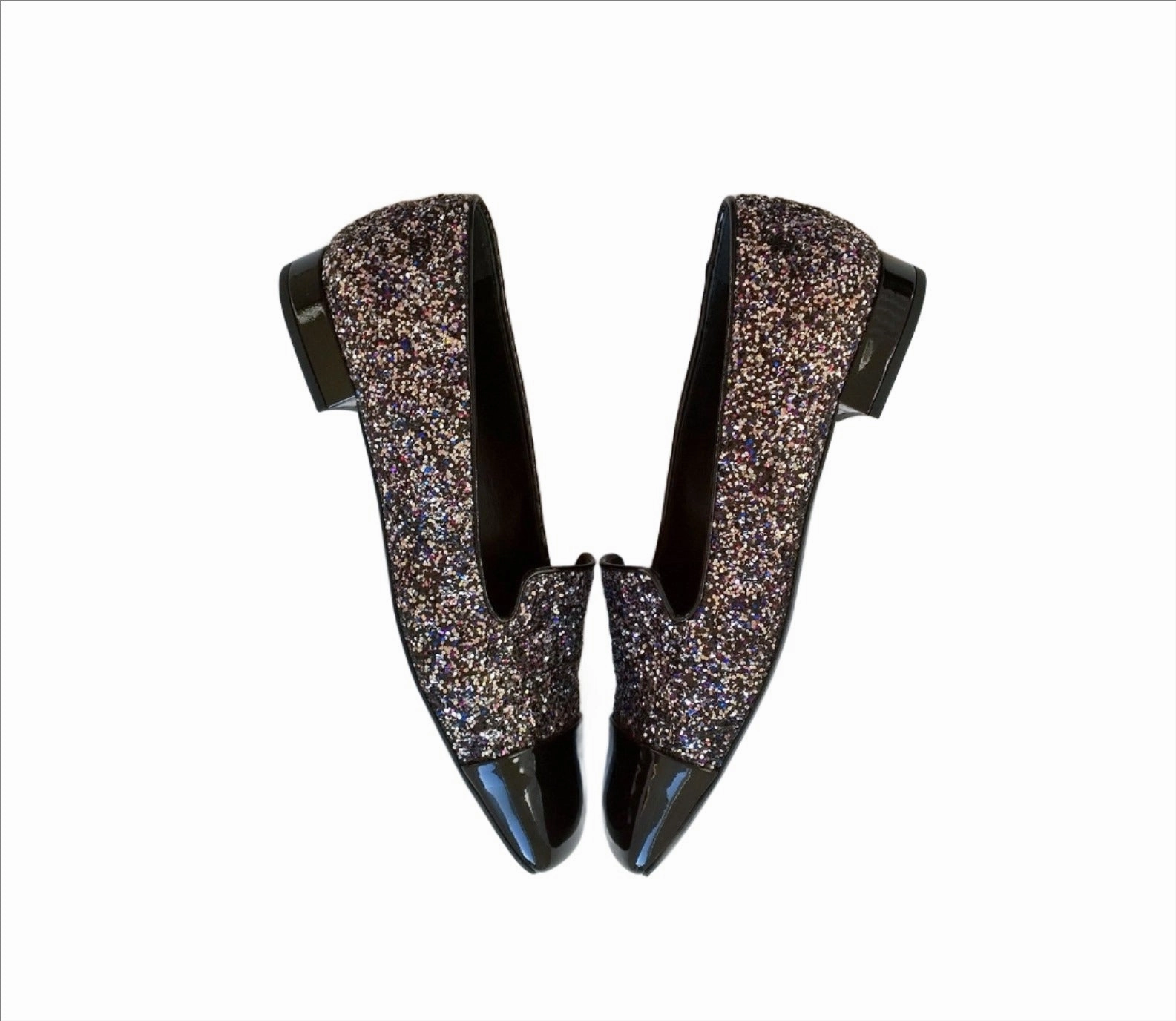 Chanel Glitter Loafers CC Flat Shoes Black Patent Cap Toe New Loafers East Side