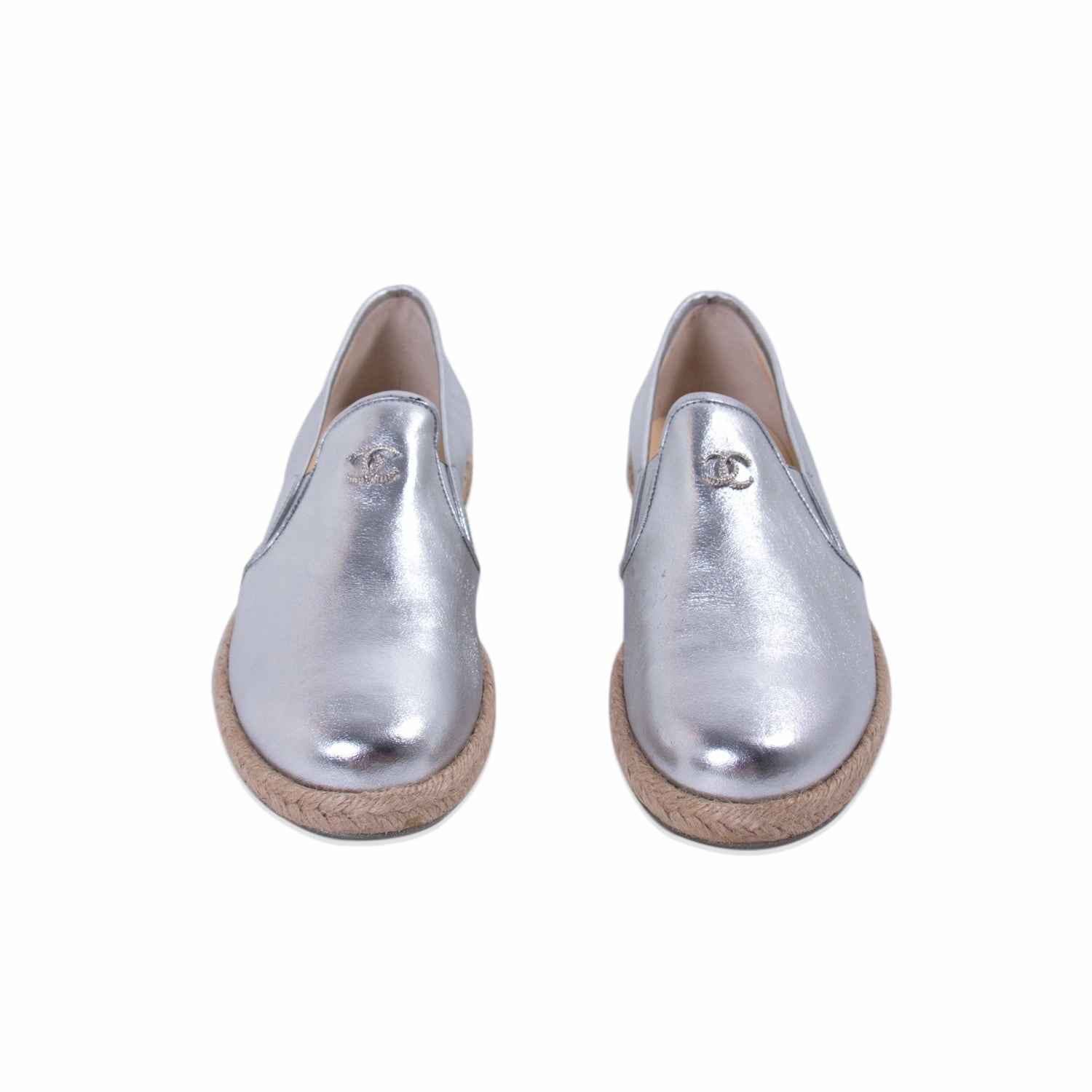 Chanel Silver Metallic Leather Espadrilles Suede Loafers Platform