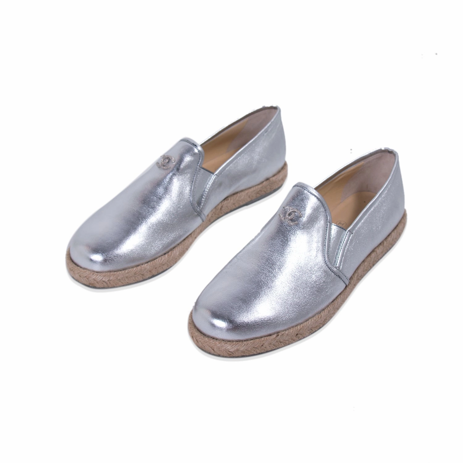 Thick Sole Loafers Chanel Silver Metallic Leather Espadrilles