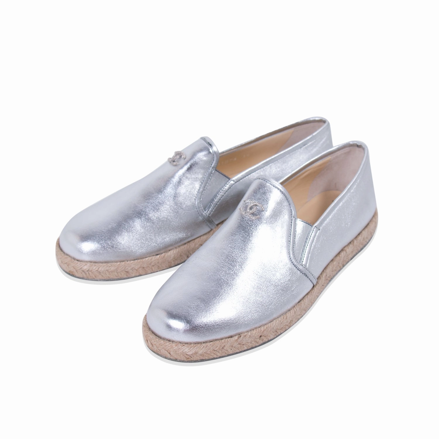 Chanel Silver Metallic Leather Espadrilles Pink Gucci Loafers