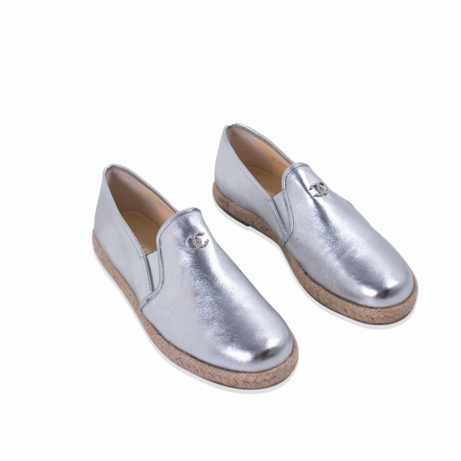 Chanel Silver Metallic Leather Espadrilles Loafers And Pants