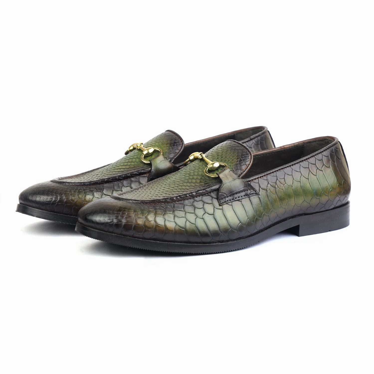 Python Embossed Loafers Green Loafers Rubber Horsebit