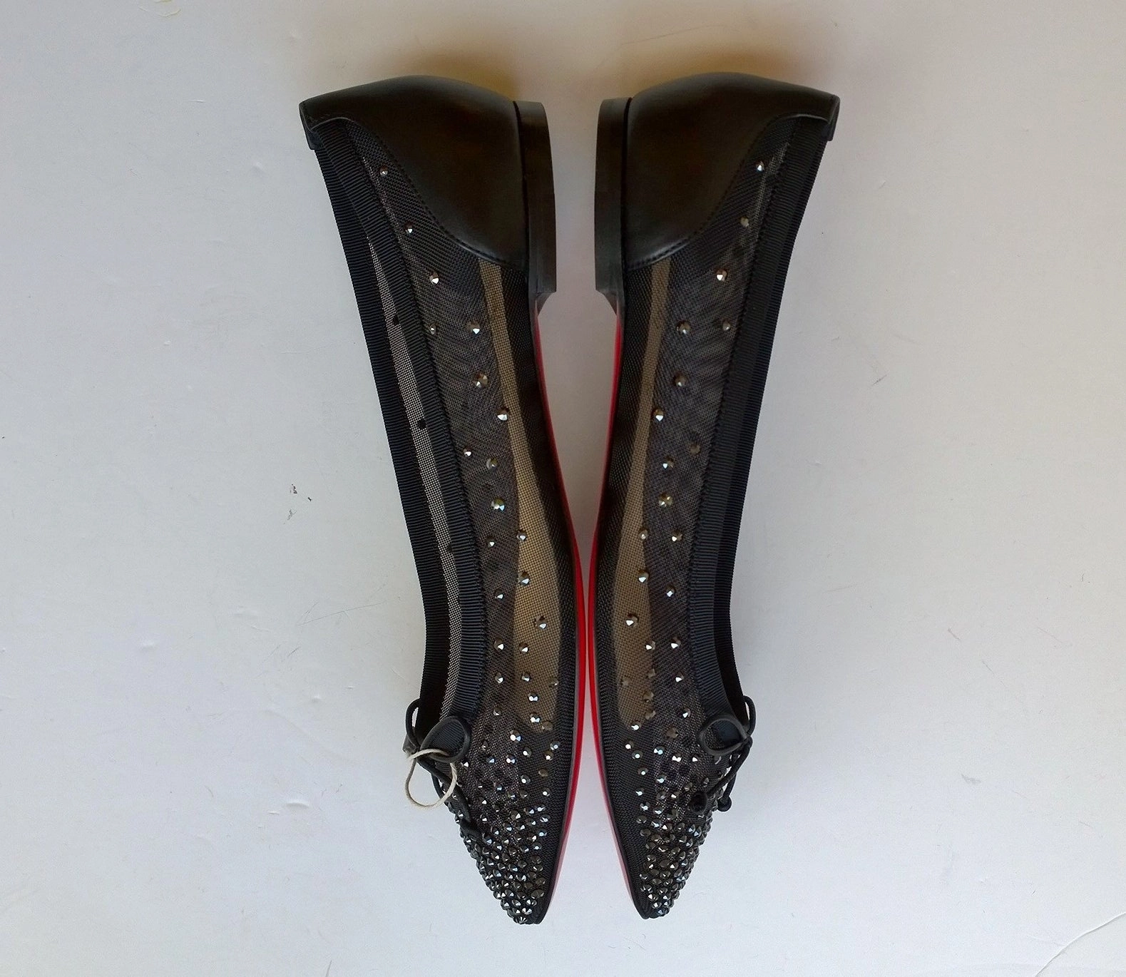 Wide Width Flat Dress Shoes Christian Louboutin Patio Black Mesh Rhinestone Flats New Strass Shoes