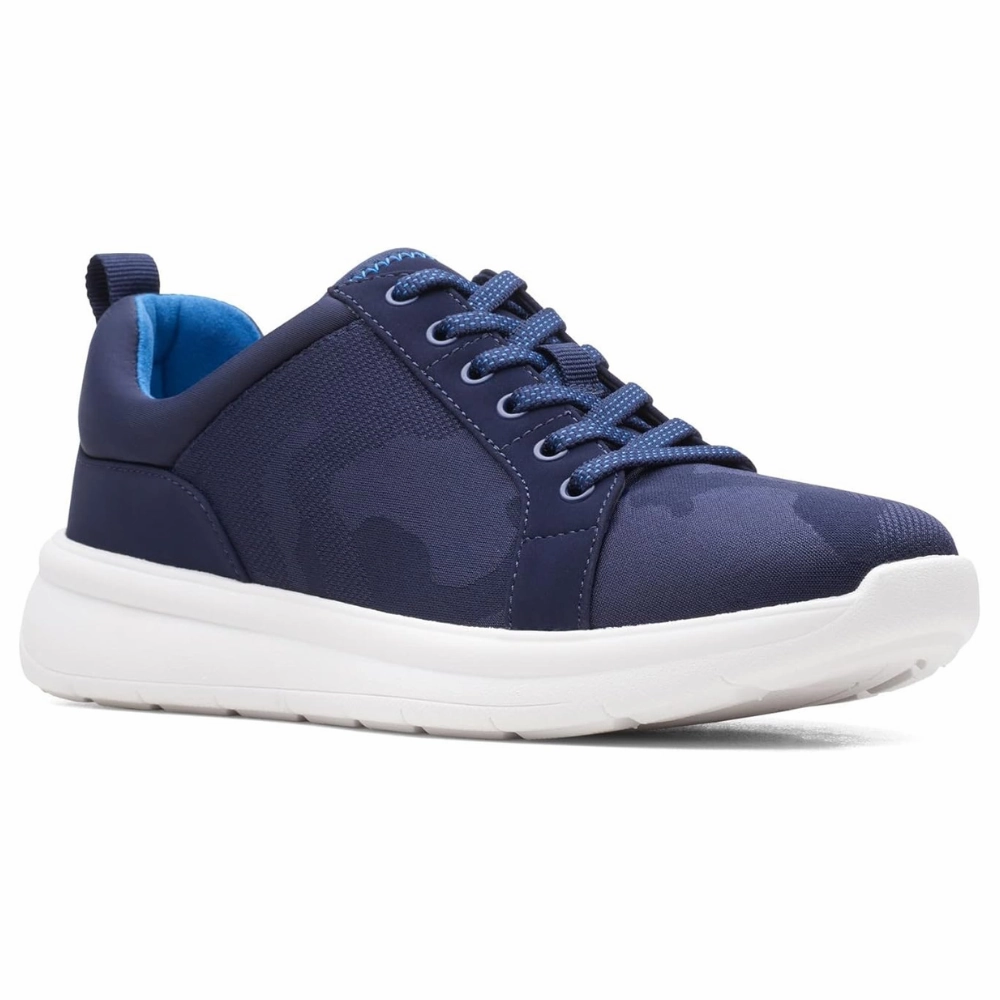 Clarks Ezera Lace Dark Navy Knit Sneaker (Women's) Nappa Leather Casual Shoes