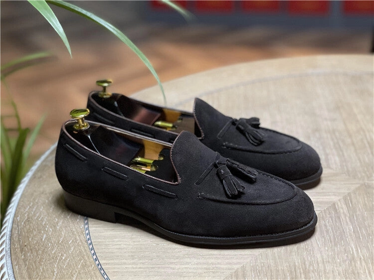 Men Pure Suede Leather Formal Dress Shoes Loafer Tassel Slip on