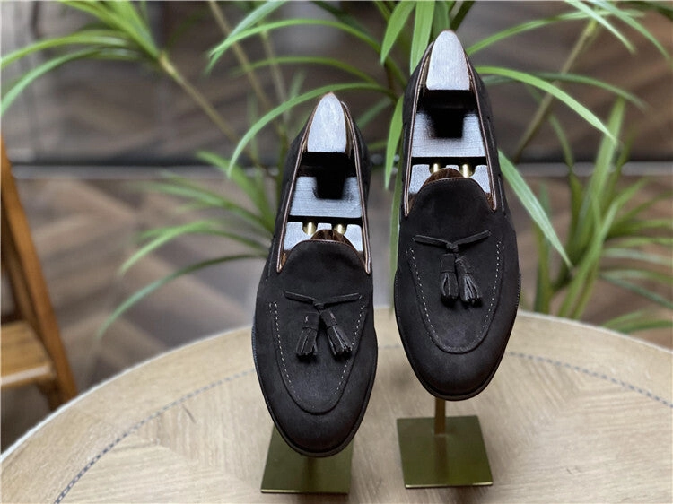 Men Pure Suede Leather Formal Dress Shoes Loafer Tassel Slip on