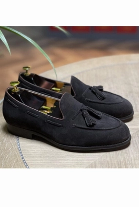 Men Pure Suede Leather Formal Dress Shoes Loafer Tassel Slip on Black Gemi Driving Loafers