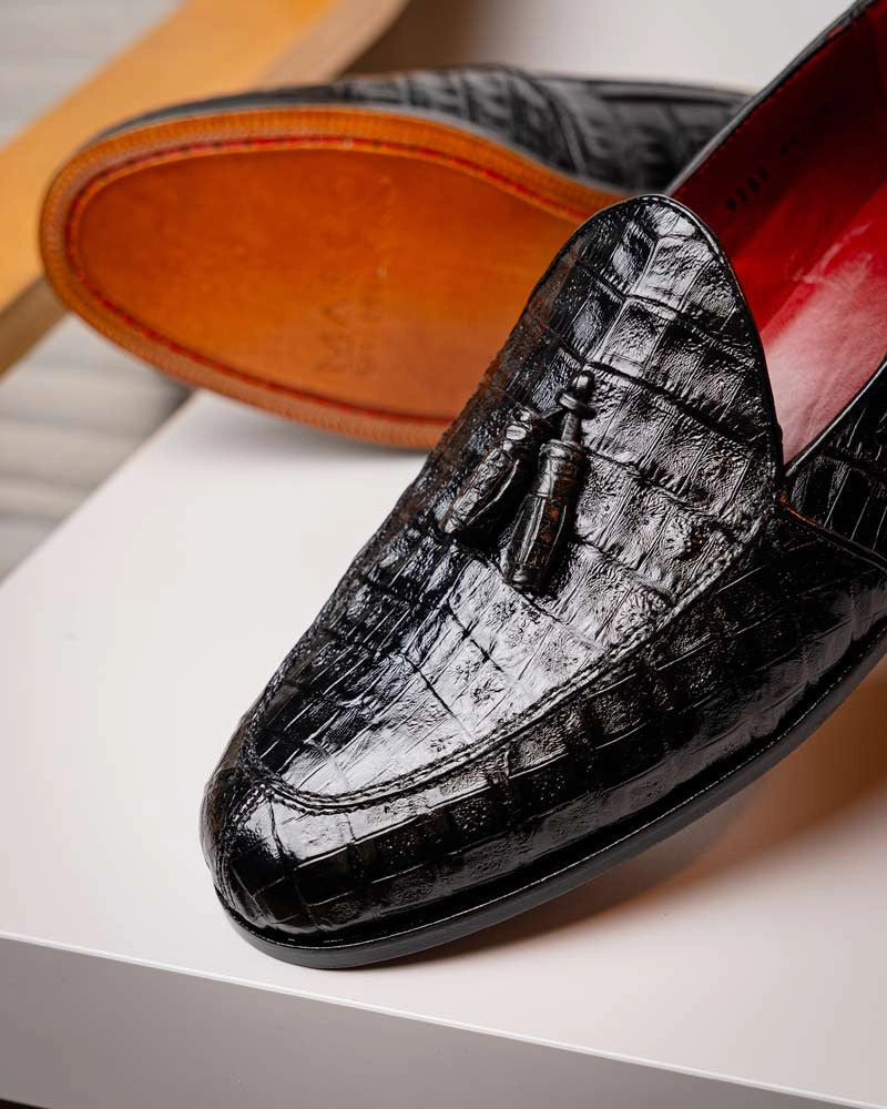 Marco Di Milano Bianchi Black Caiman Crocodile Tassel Loafers 70's Loafers
