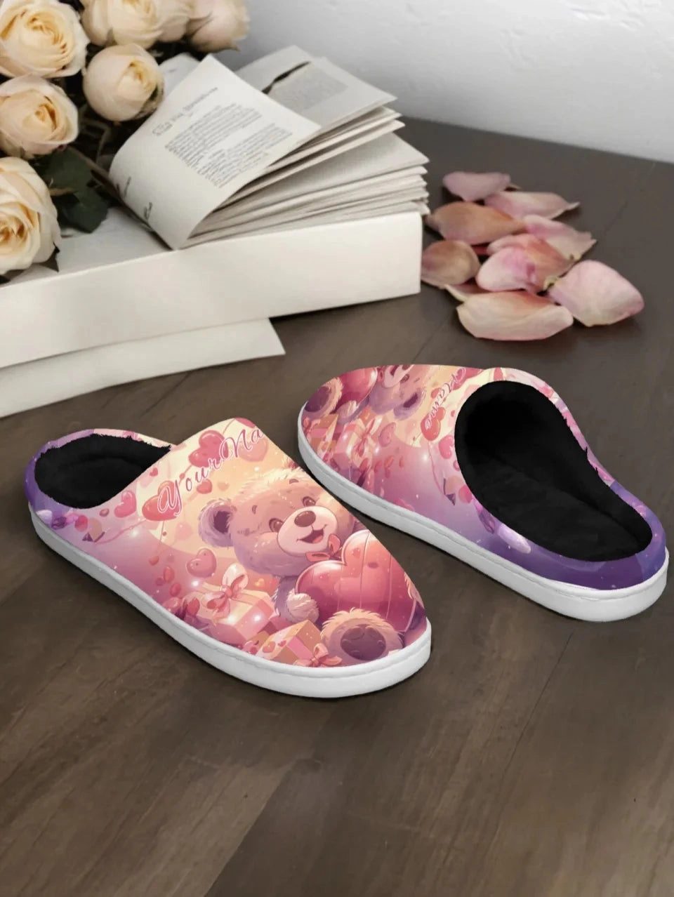 Walmart Bedroom Slippers Unique Gift,Personalized Warm Love Fur Slippers, Custom Couples Indoor Shoes for Valentine's Day