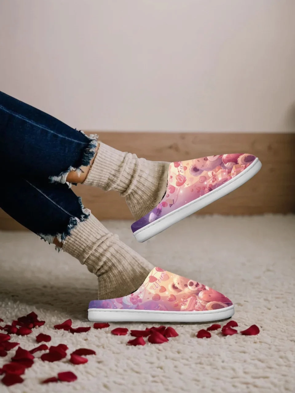 Unique Gift,Personalized Warm Love Fur Slippers, Custom Couples Indoor Shoes for Valentine's Day Uggs Platform Slippers