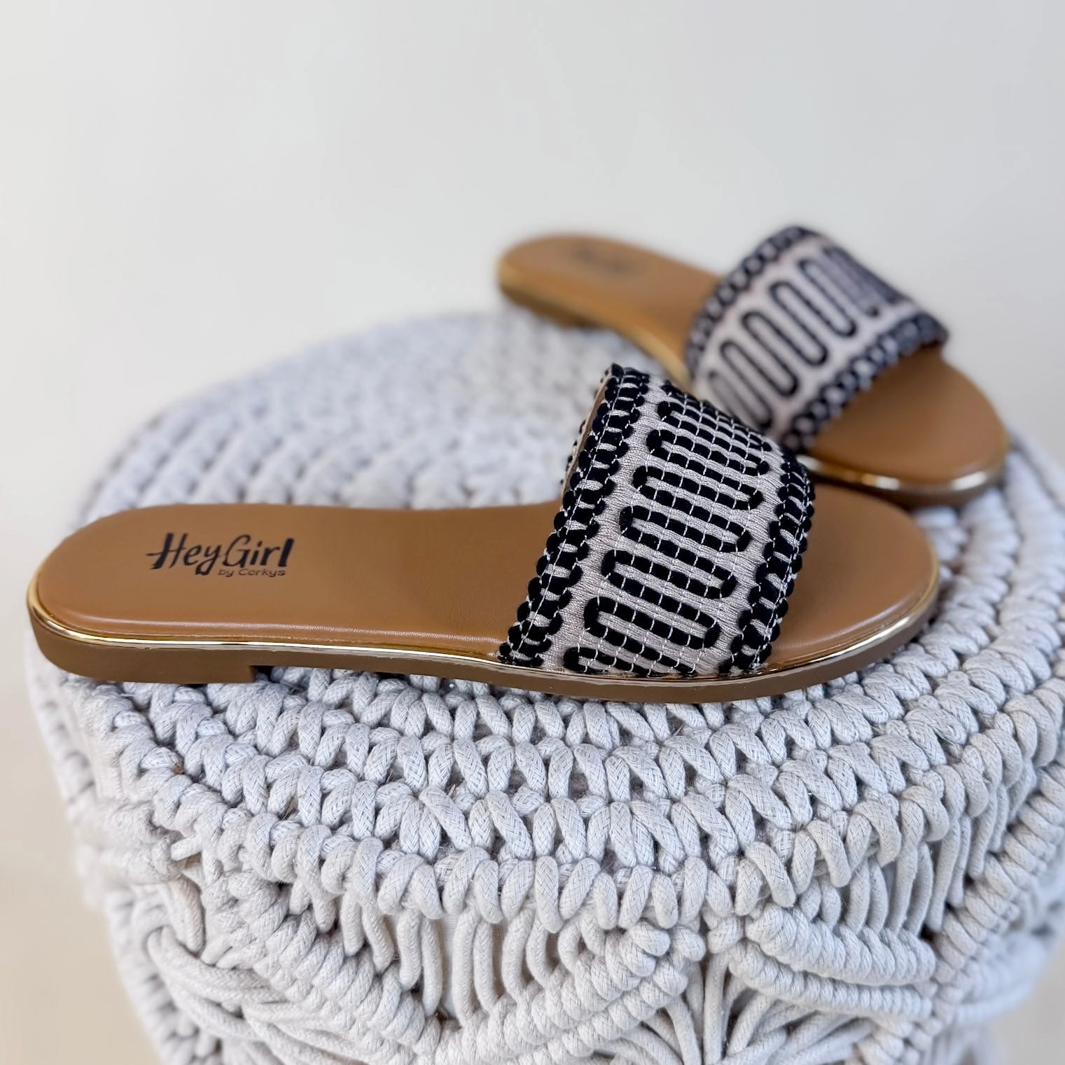 Corky's | Here For A Good Time Woven Flat Sandal in Black Greek Flip Flops