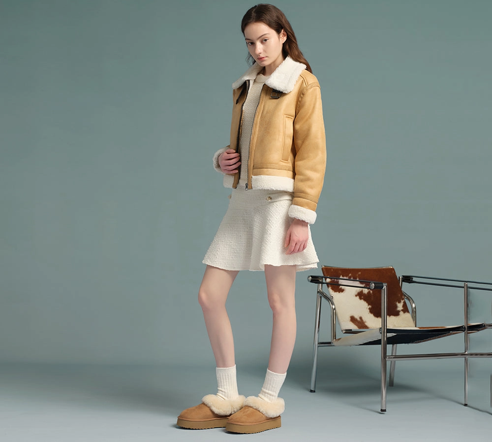 Ballet Style Slippers AUSTRALIAN SHEPHERD UGG Slippers Women Sheepskin Wool Collar Ankle Platform Clarrie