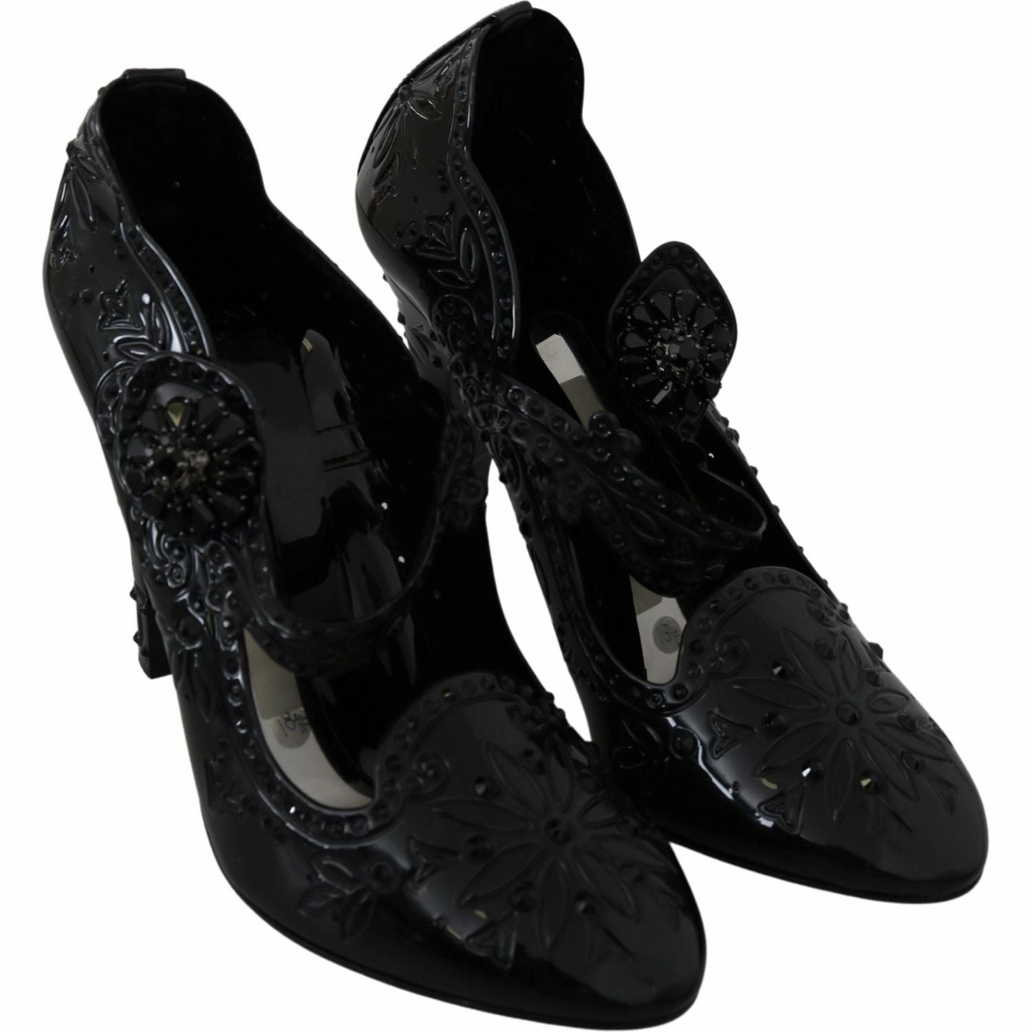 Dolce & Gabbana Black Floral Crystal CINDERELLA Heels Shoes Sandals Bahamas All Inclusive