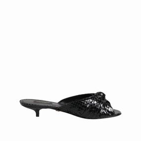 Dolce & Gabbana Black Leather Heels Slides Sandals Shoes Fluffy Sandals