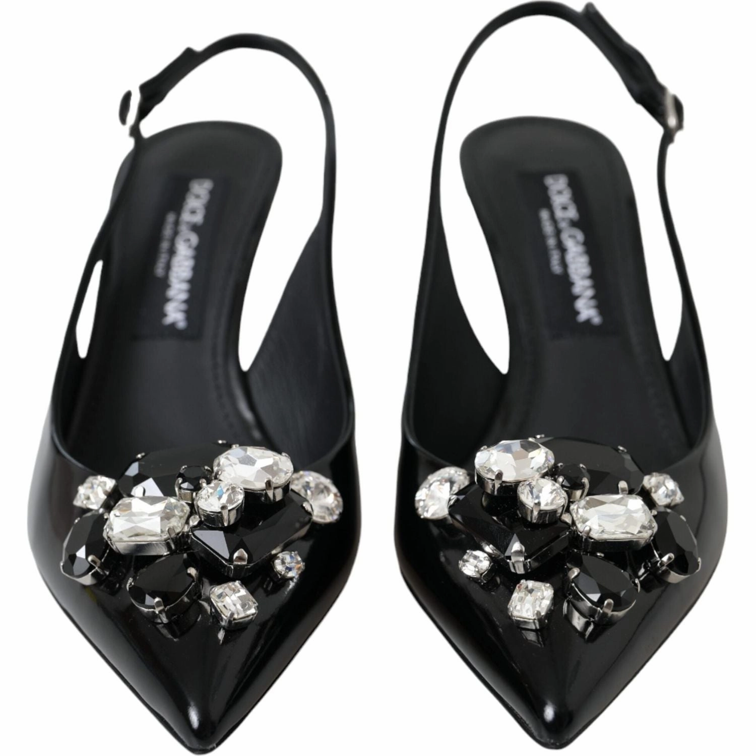 Dolce & Gabbana Black Patent Leather Crystal Slingback Shoes Sandals Covered Toe