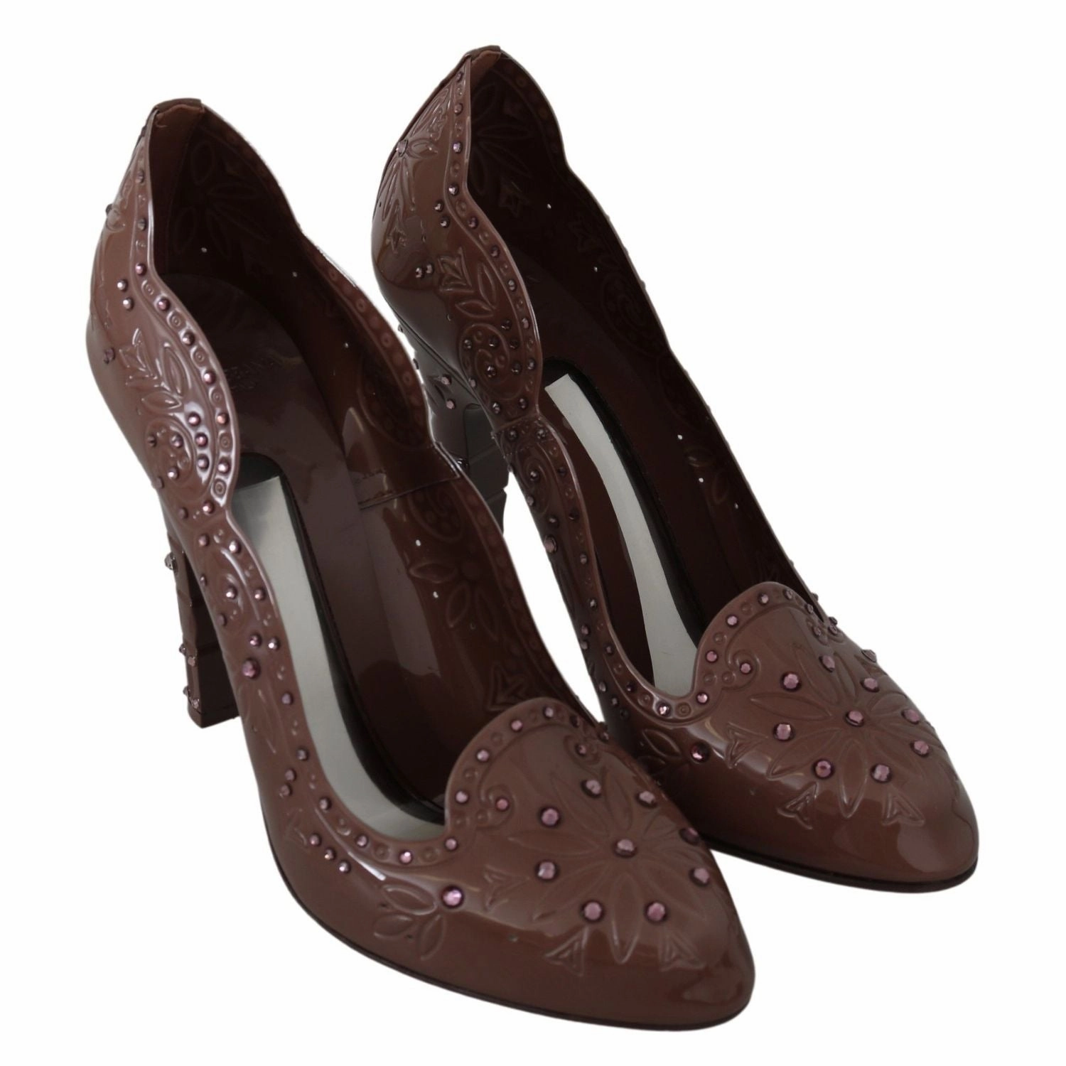 Dolce & Gabbana Brown Floral Crystal Heels CINDERELLA Shoes Midform Sandals