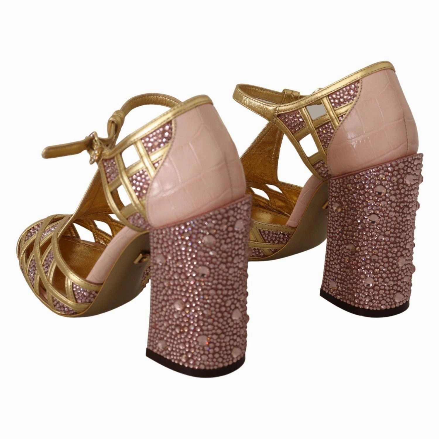 Dolce & Gabbana Pink Gold Leather Crystal Pumps T-strap Shoes Tide Sandals