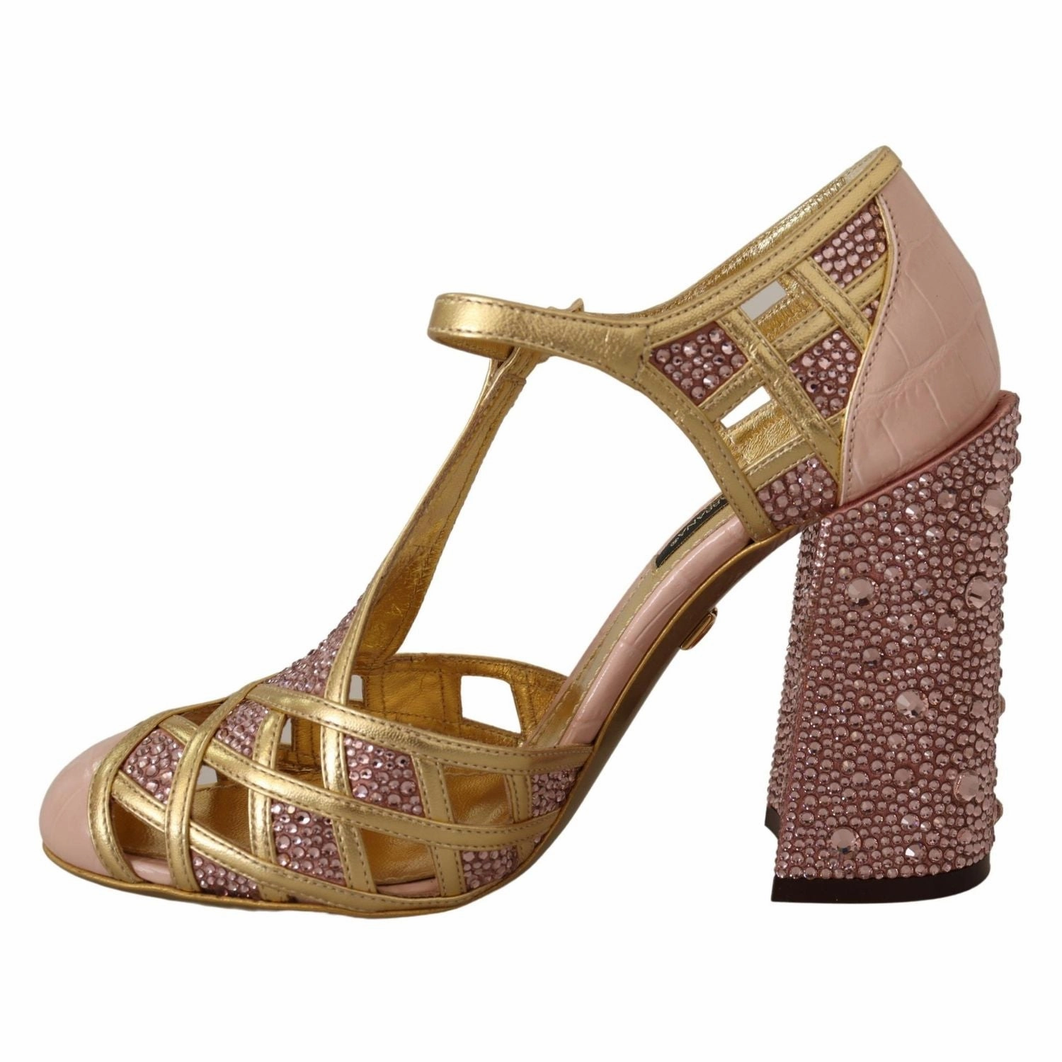 Dolce & Gabbana Pink Gold Leather Crystal Pumps T-strap Shoes Sandals To Wear With Dresses