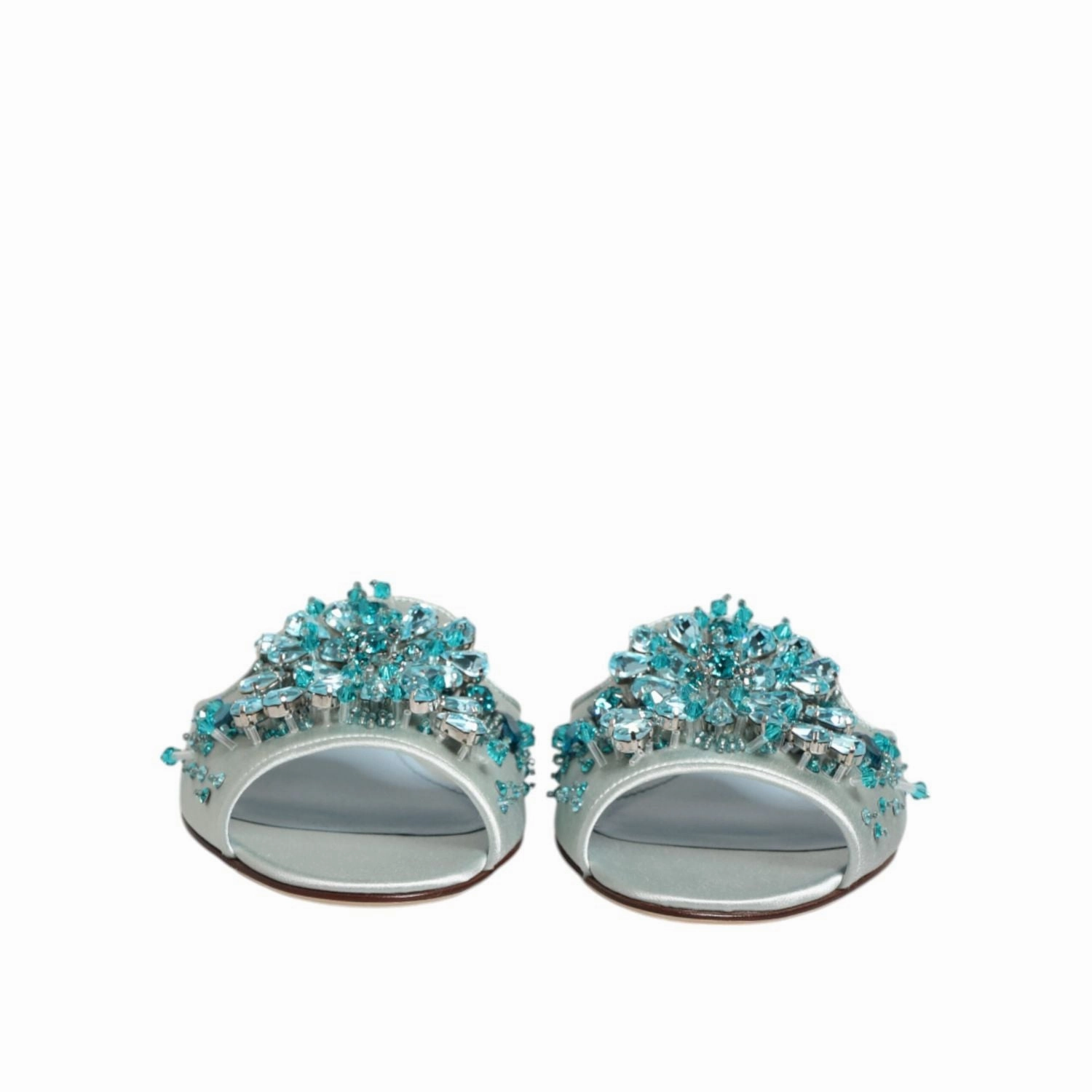Sandals Slip On Dolce & Gabbana Silver Blue Leather Bead Embellish Slide Shoes