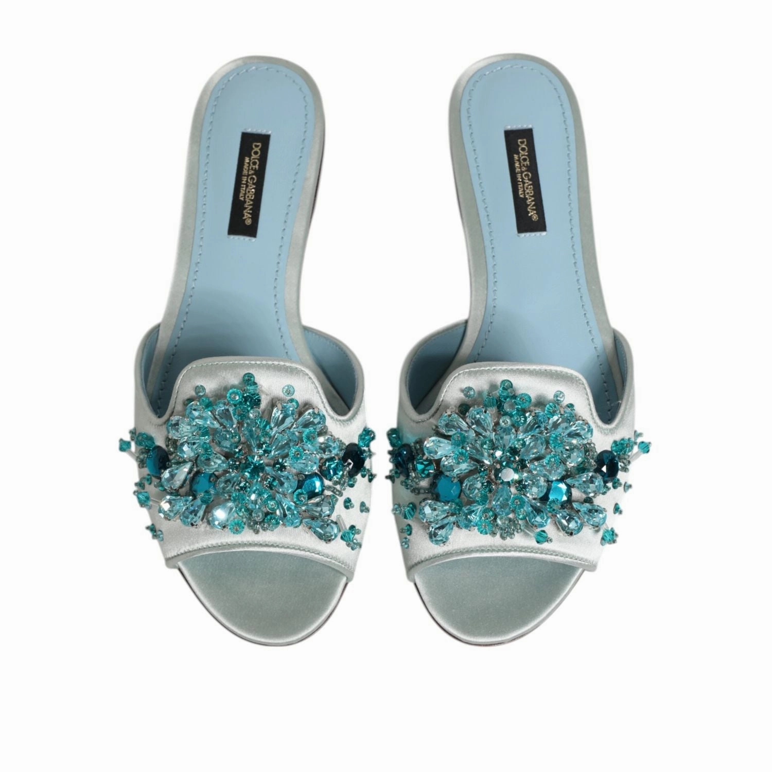 Dolce & Gabbana Silver Blue Leather Bead Embellish Slide Shoes Luxury Sandals