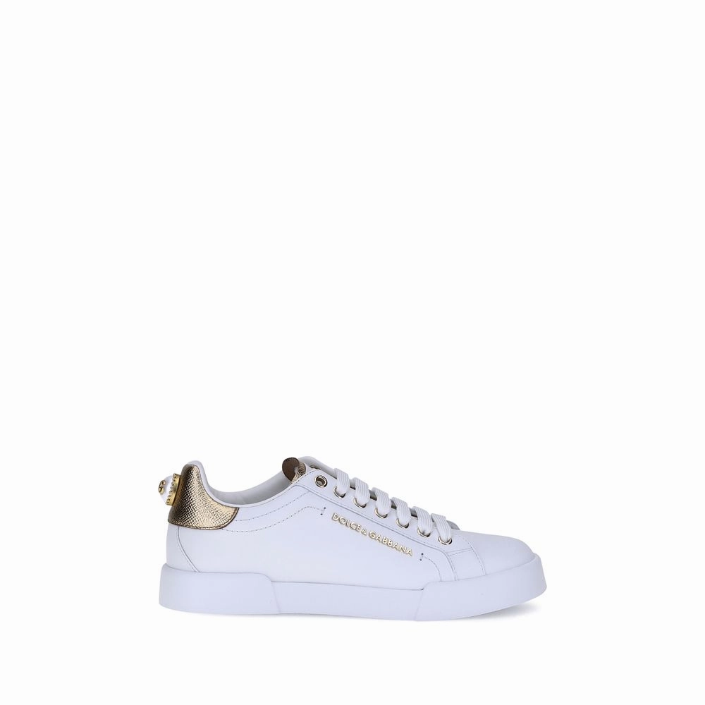 Dolce & Gabbana White Calf Leather Bos Taurus Low Top Sneakers Vintage Havana Rhinestone Sneakers