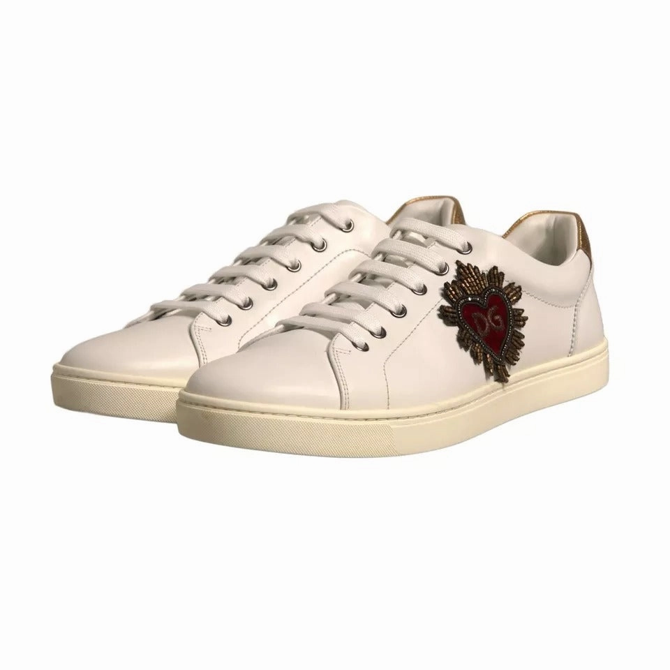 Limited Edition Sneakers Dolce & Gabbana White Leather Heart Embellished Sneakers Shoes