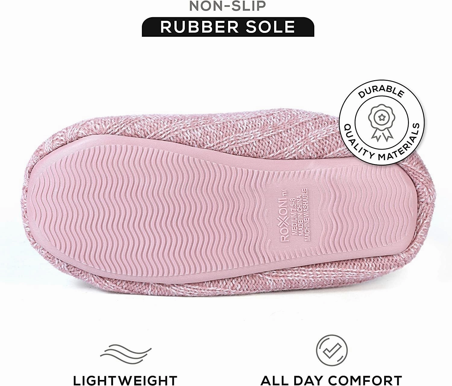 Roxoni Womens Cozy Knit Memory Foam Slippers, Fleece Lined, Indoor Outdoor Rubber Sole Closed Toe Slides