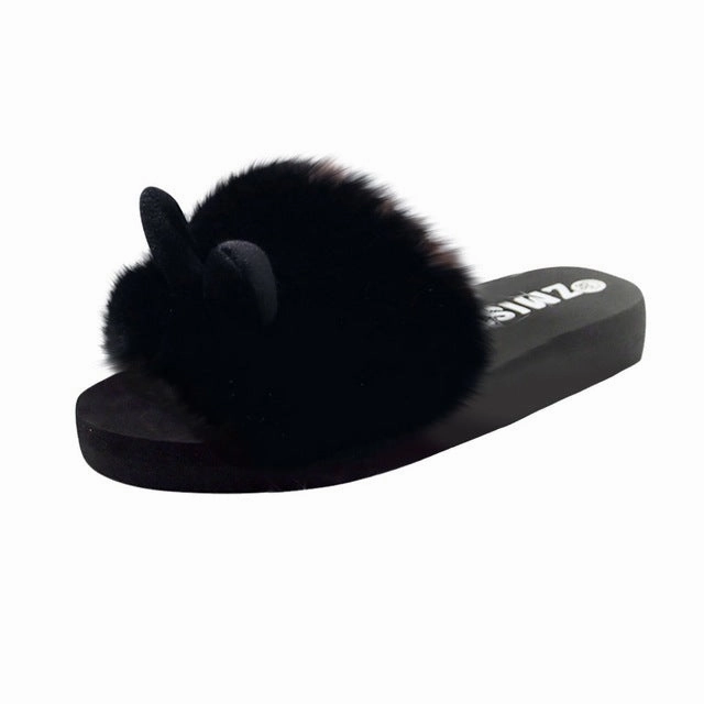 25# Women Slippers Fashion Indoor Rabbit Ear Women Slip-on Open Toe Flat Warm Winter Slipper Shoes Flip Flops Sandalias Mujer Trotters Shoes Flats