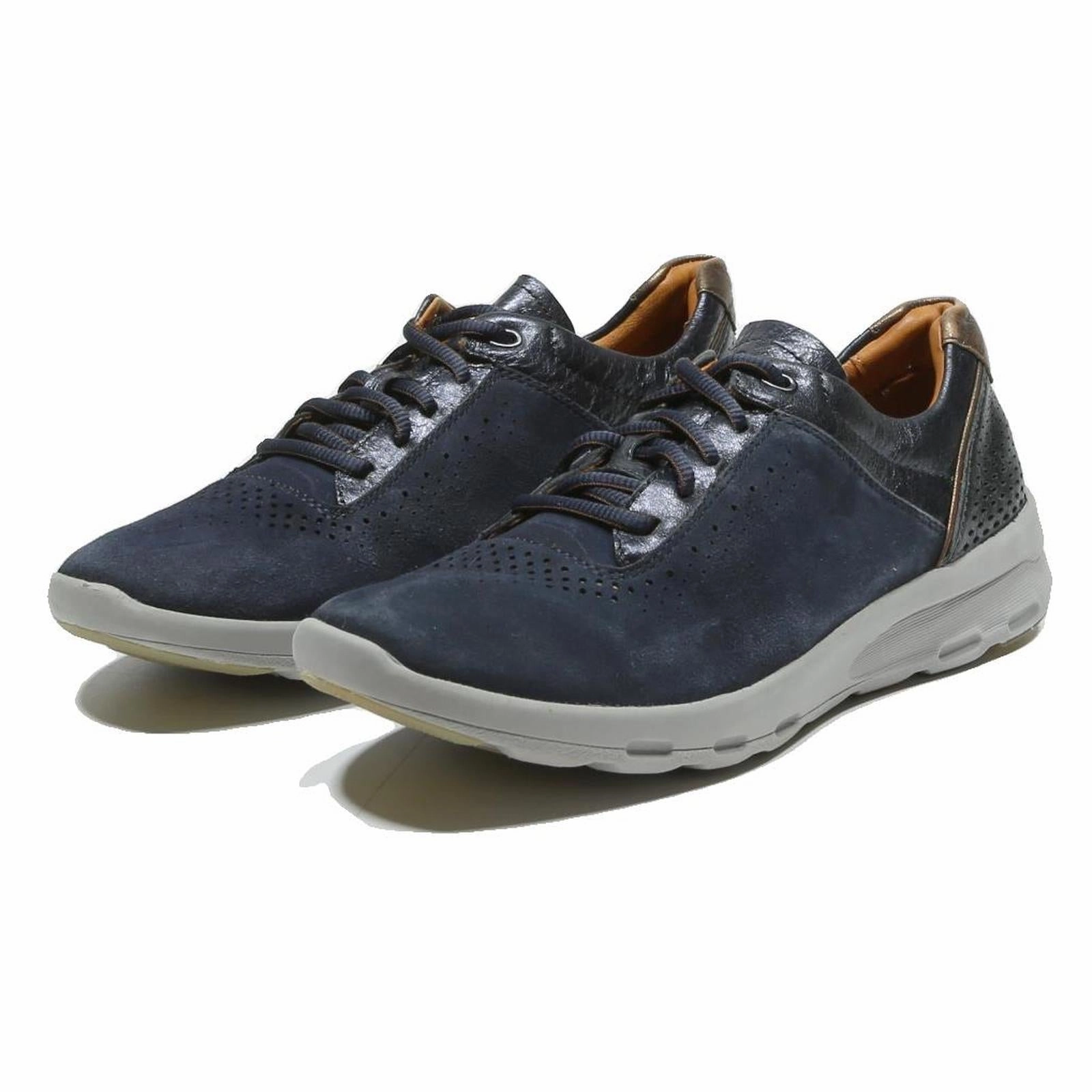 ROCKPORT Womens Lace-Up Synthetic Navy Blue & Brown Trainers UK 5.5 Comfortable Retro Casual Shoes