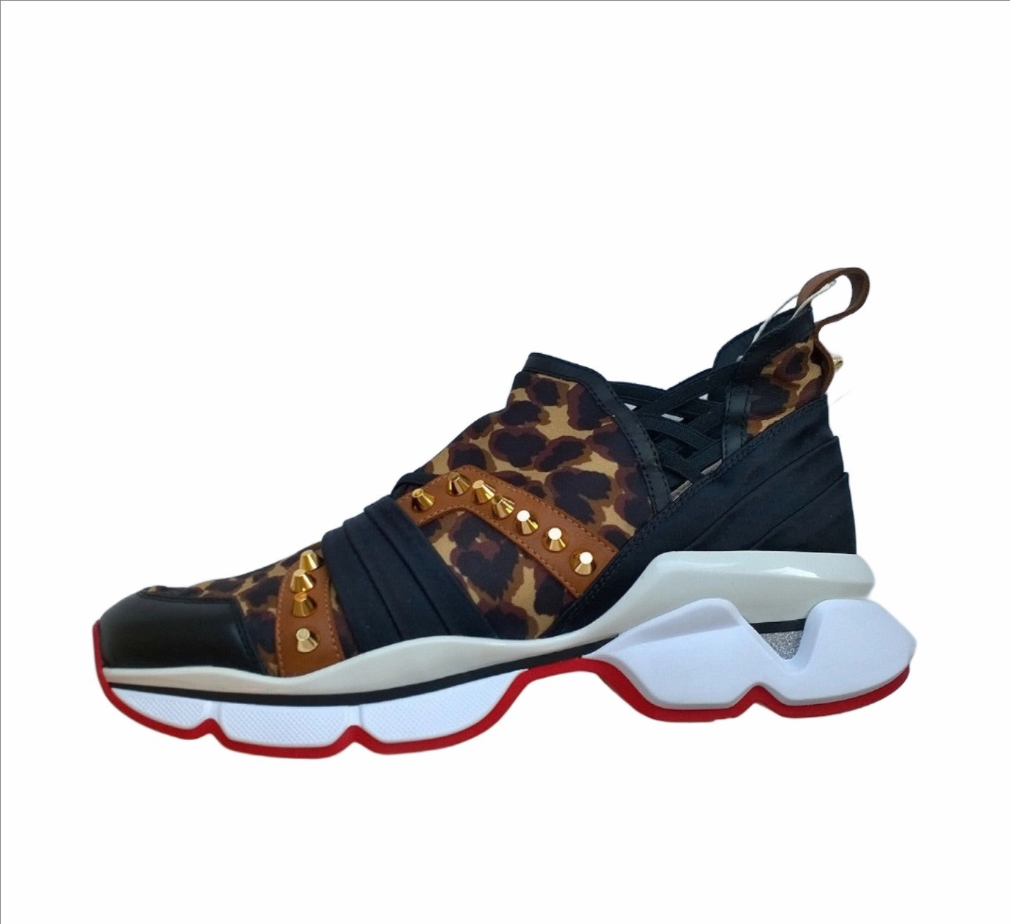 Flat Feet Hiking Shoes Christian Louboutin 123 Run Flat Sneakers in Leopard with Gold Studs