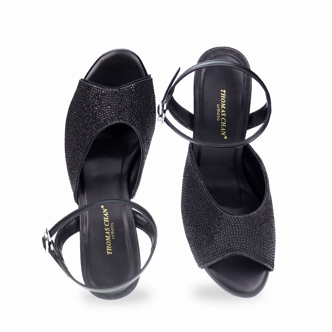 Lowdown Sandals Glitter Crystal Ankle Strap Heels 1.5"inch [Dinner Series]