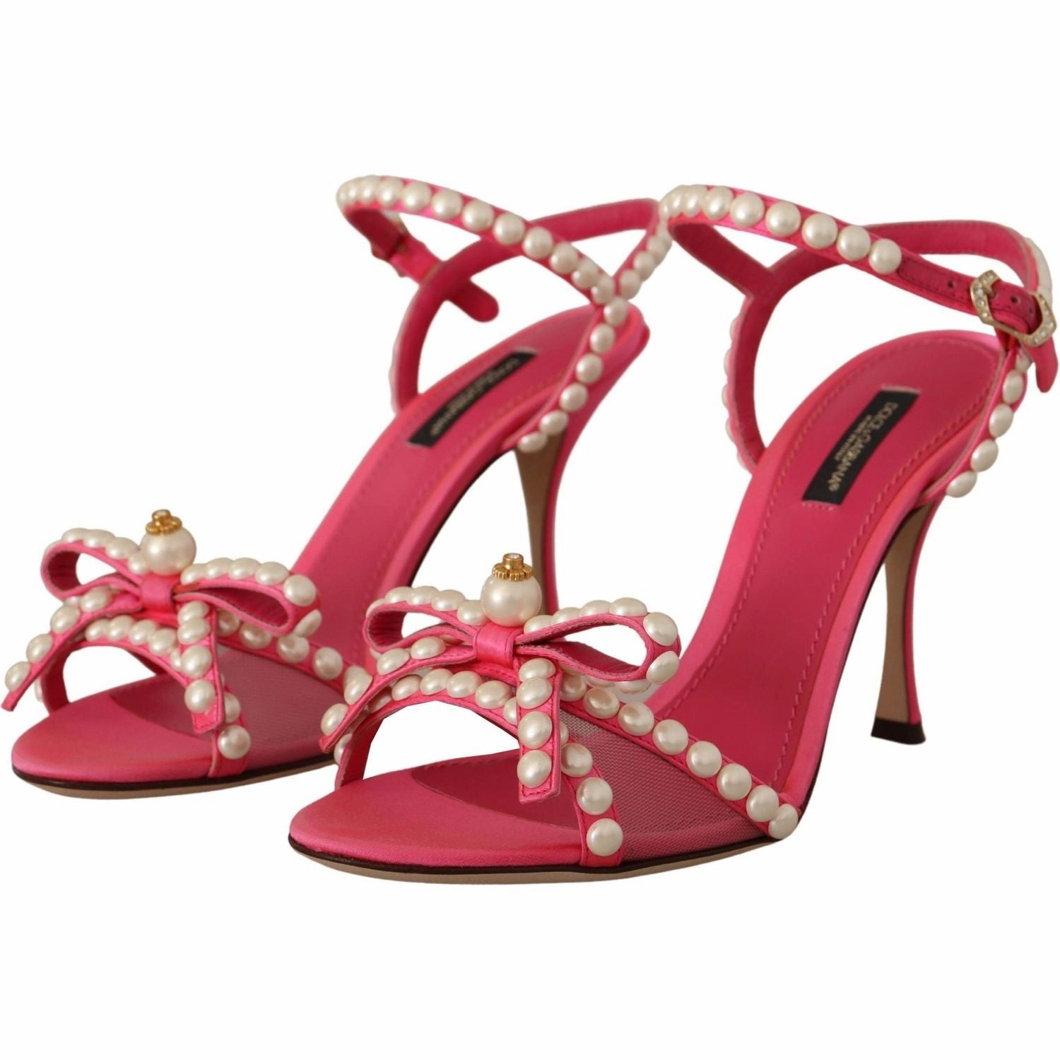 Dolce & Gabbana Pink Satin White Pearl Crystals Heels Shoes Candies Sandals